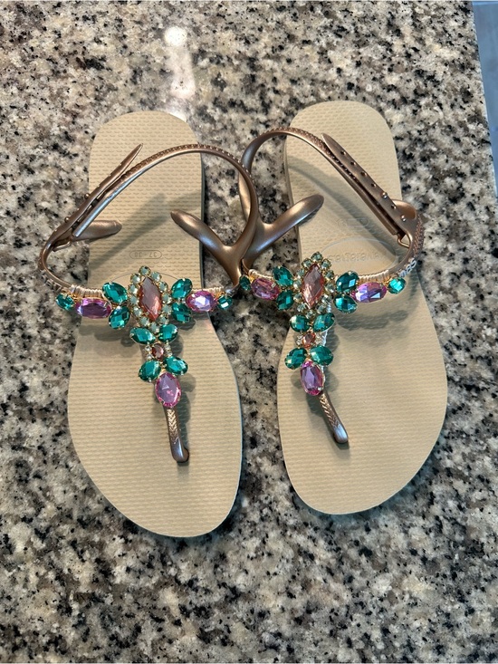 Havaianas Shoes - Havaianas Gold-Strap Sandals with Pink & Teal Gem Accents